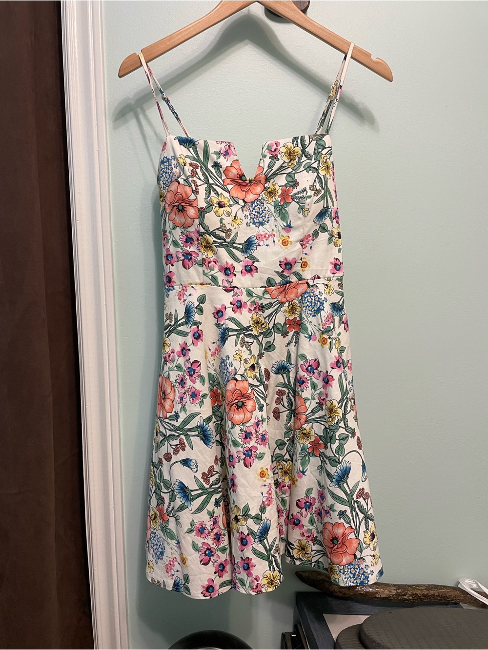 Trixxi White Floral Mini Dress with Coral and Green Accents